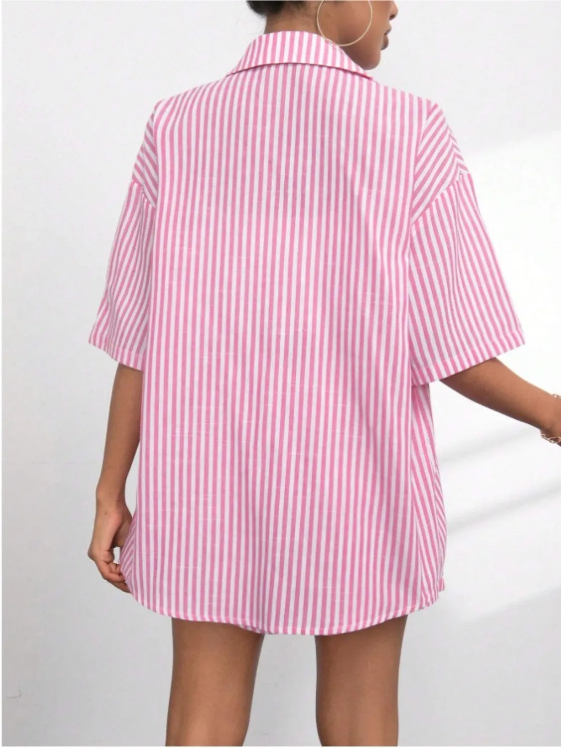 Two-Piece Outfit Set Striped Button Up Shirt & Casual Shorts