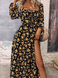 A-Line Midi Dress Floral Side Slit Stretch Cocktail