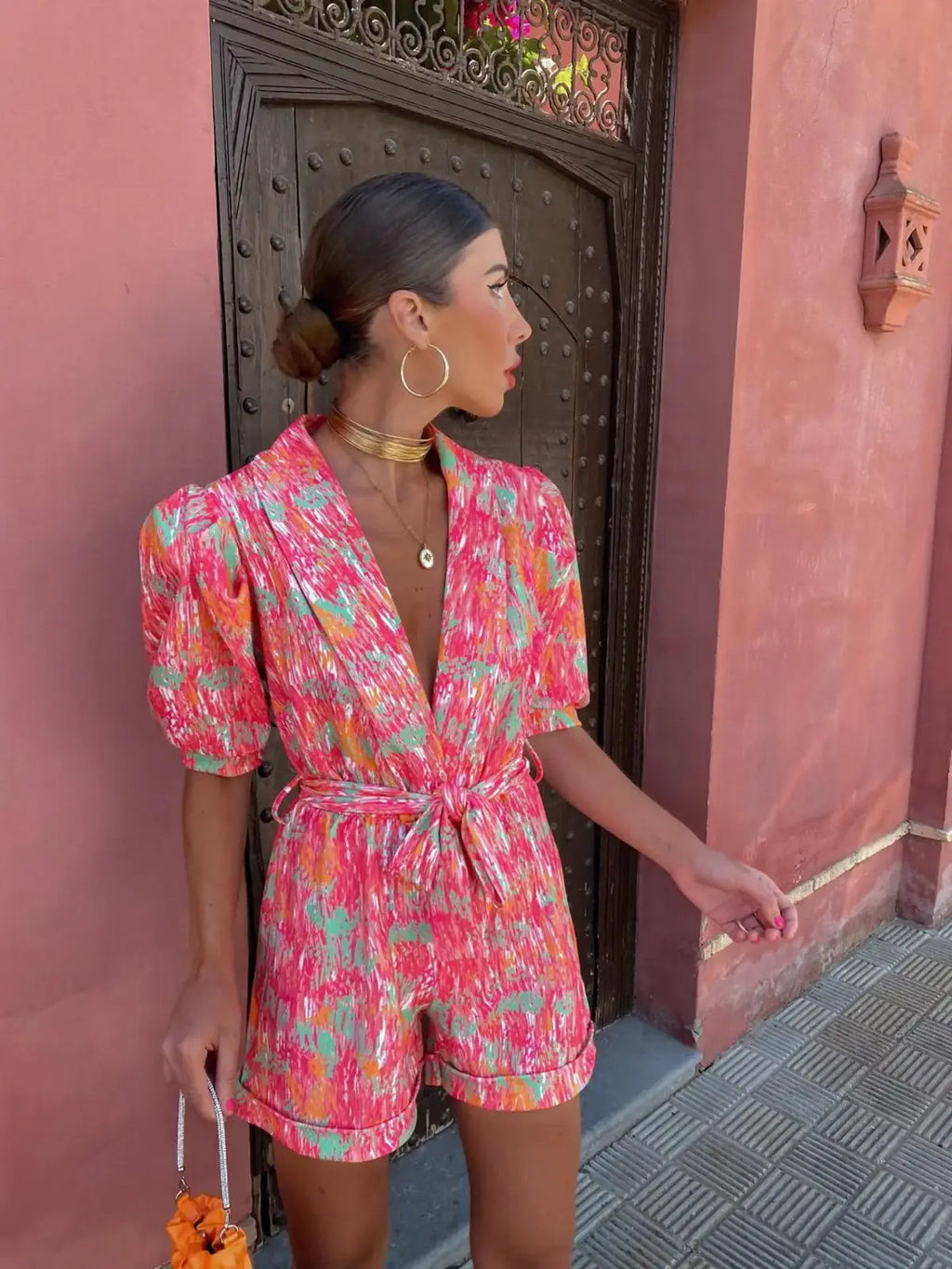 Elegant Women's Playsuit with Print and Tie Belt