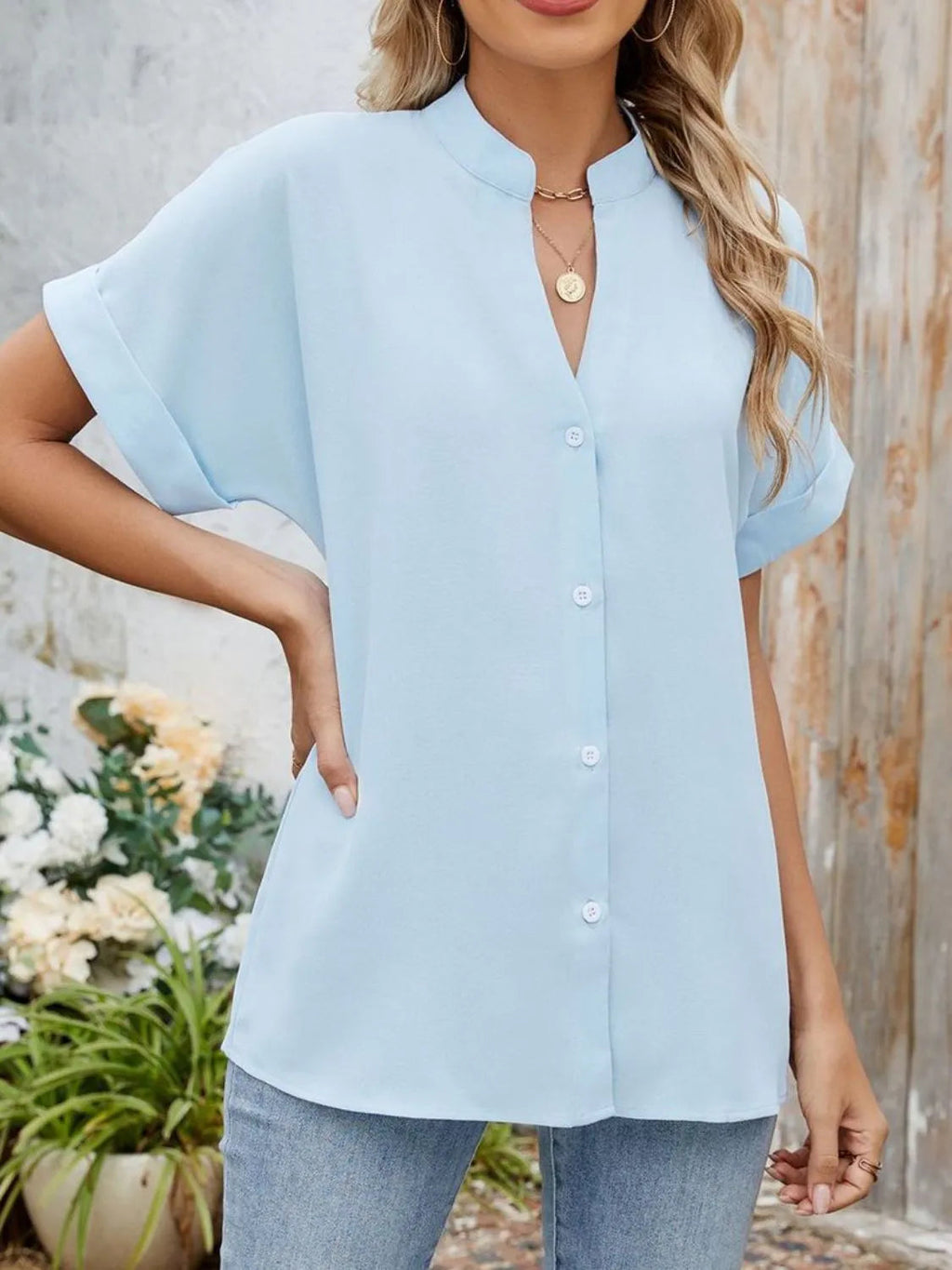 Blouse Top Button-Front Casual Workwear Everyday Cozy