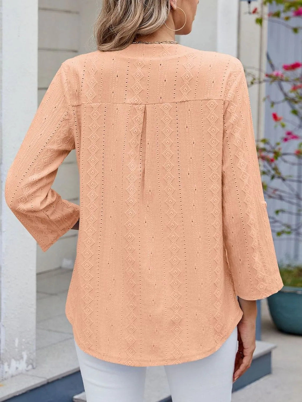Blouse Top Eyelet Roll-Tab Sleeve Chic Split Neck Boho
