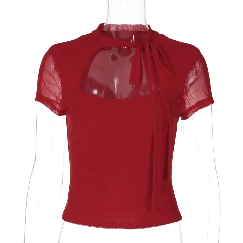 Addisen Cutout Mesh Tie Top