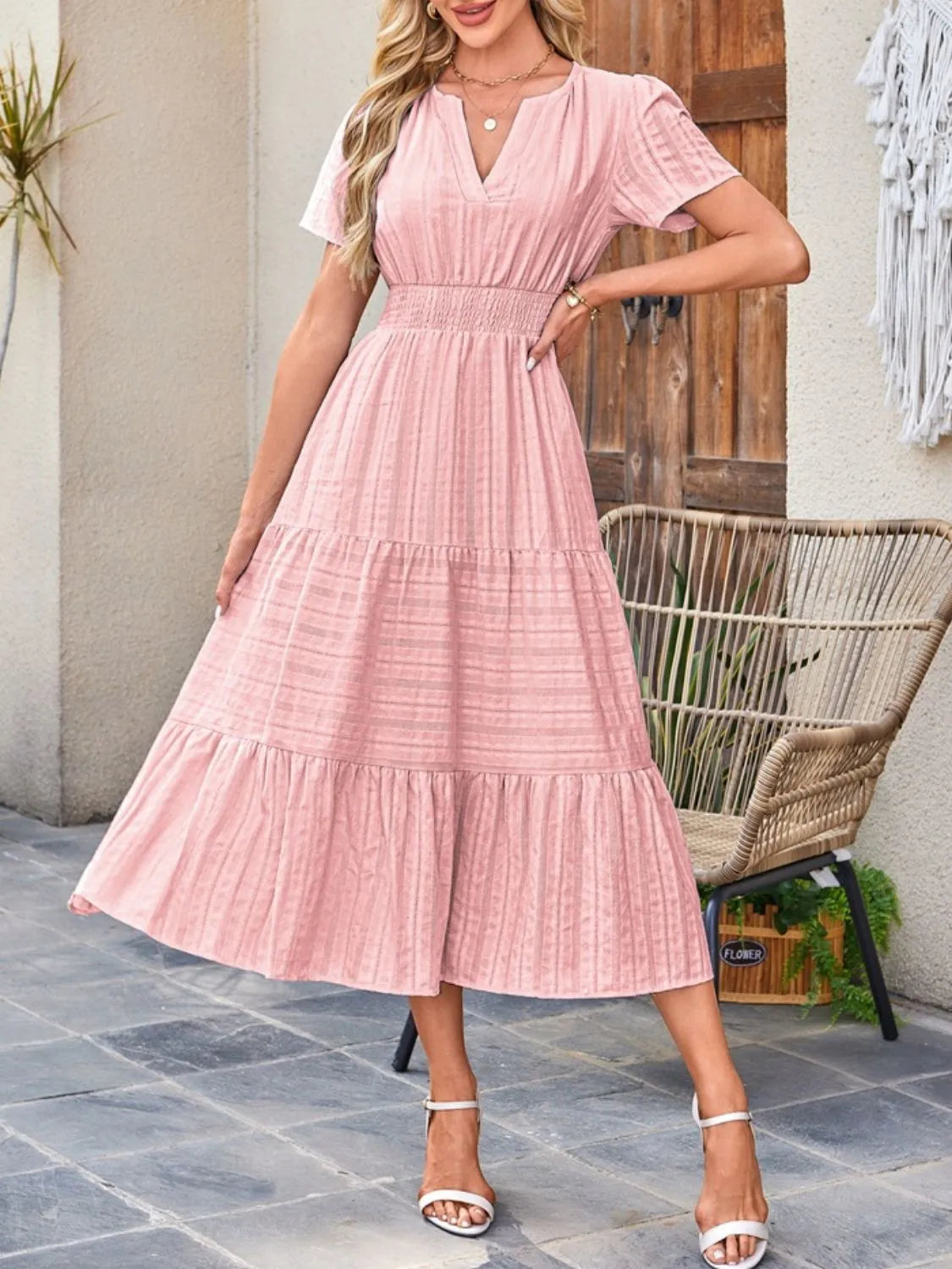 Midi Dress Chic Unlined Comfort Tiered Pocketed Casual