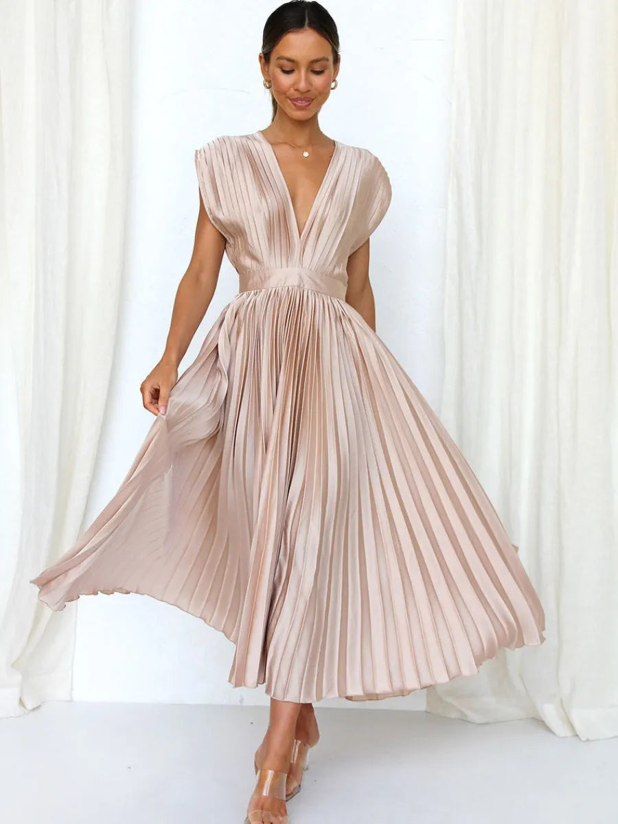 Solid Color V-neck Sleeveless Midi Dresses