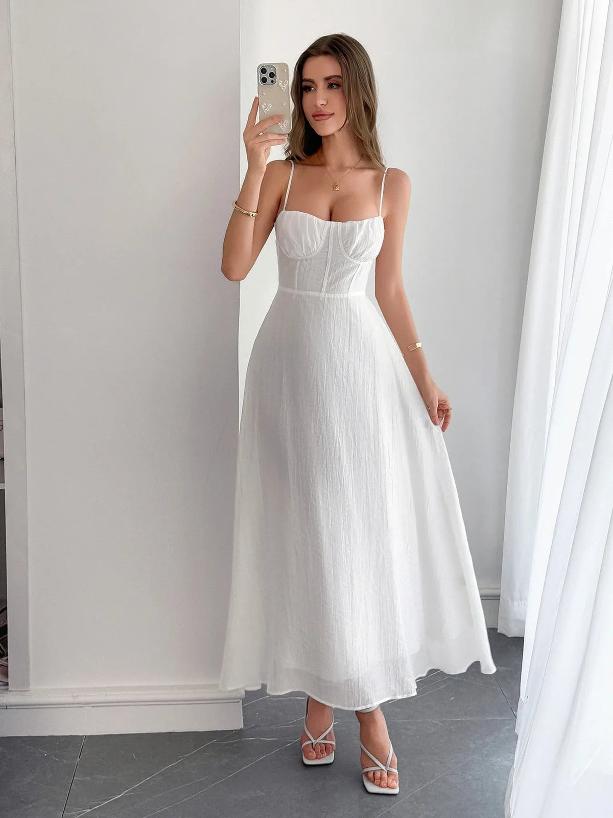 Cami Dress Ruched Backless Tied Partially Lined Casual