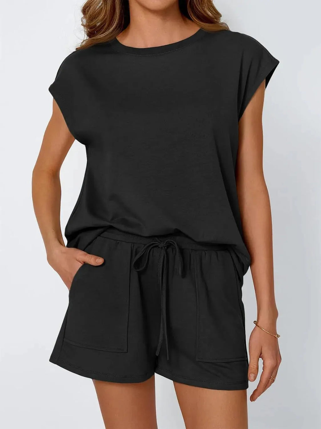 Outfit Set Minimalist Cap Sleeve Top & Drawstring Short