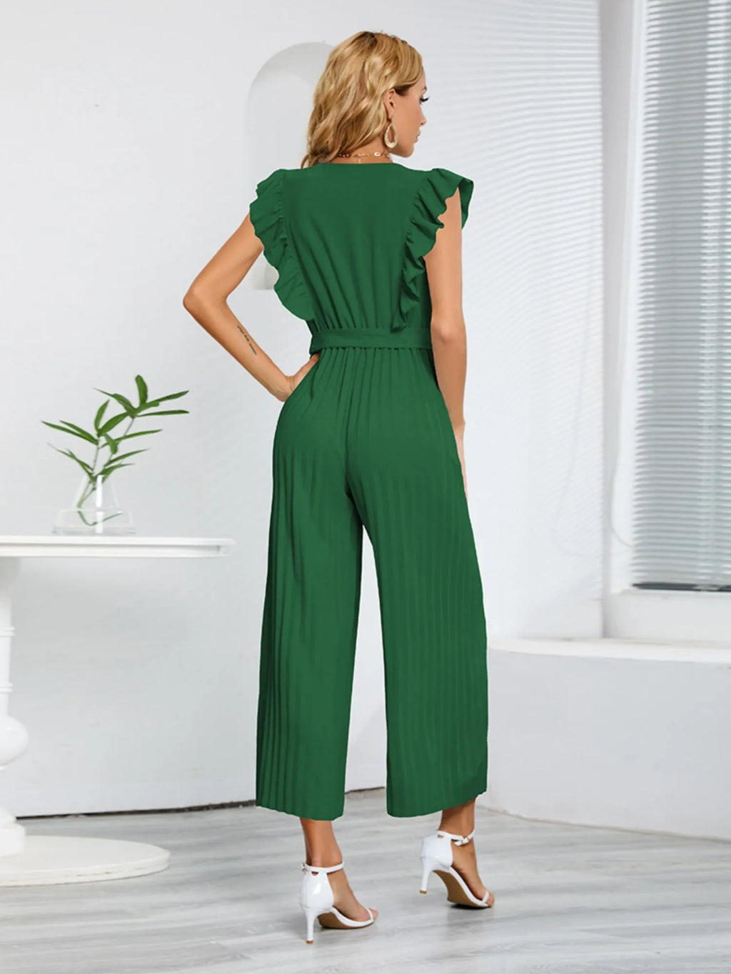 Ruffled V-neck High-waisted Sleeveless Pleated Belt Jumpsuits