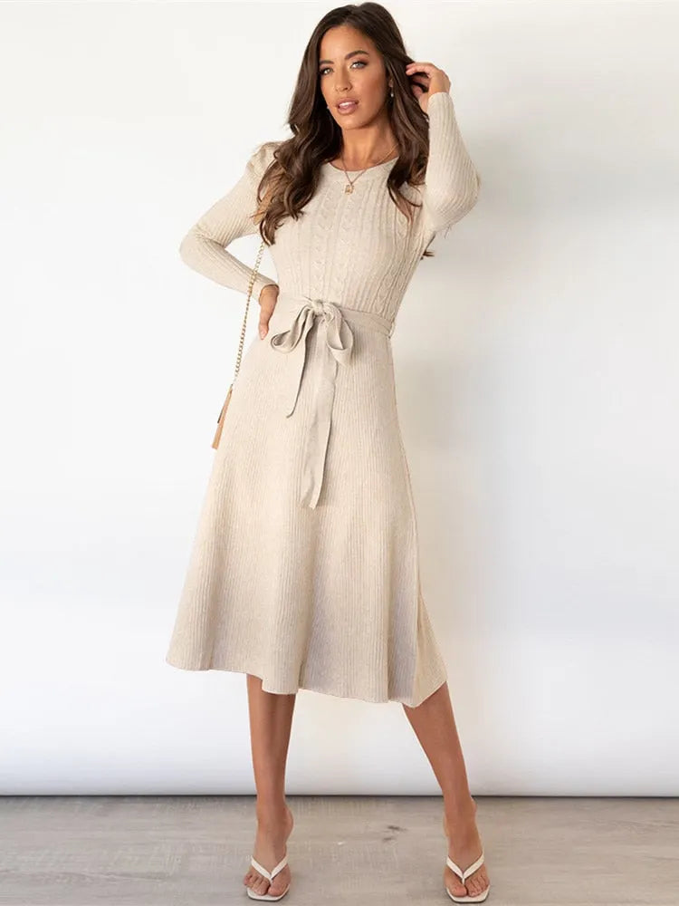 Stylish Knitted Midi Dress For Women With Tie Belt And Cable Pattern