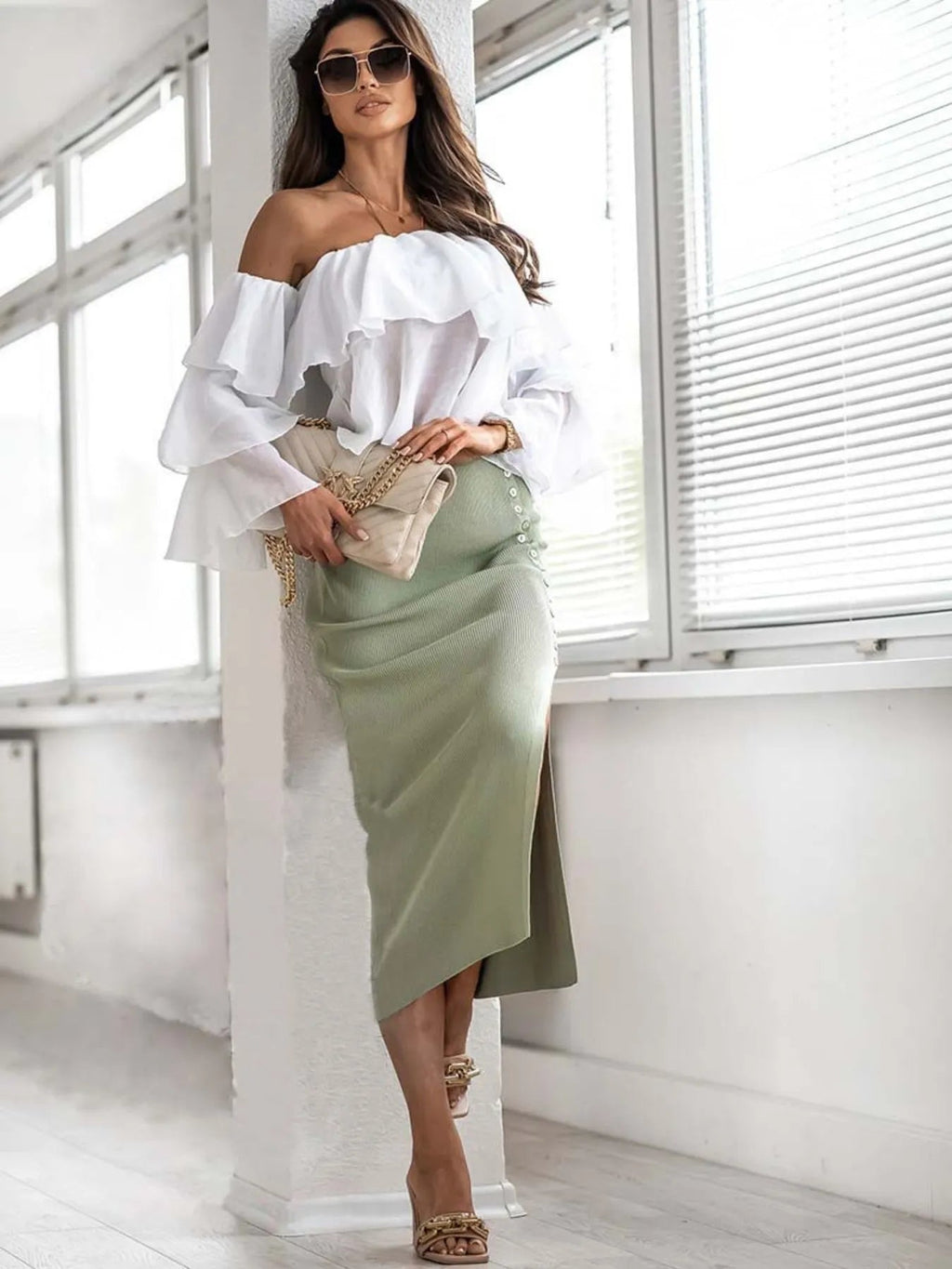 Midi Skirt Buttoned Slit Elastic Waist Trendy Party