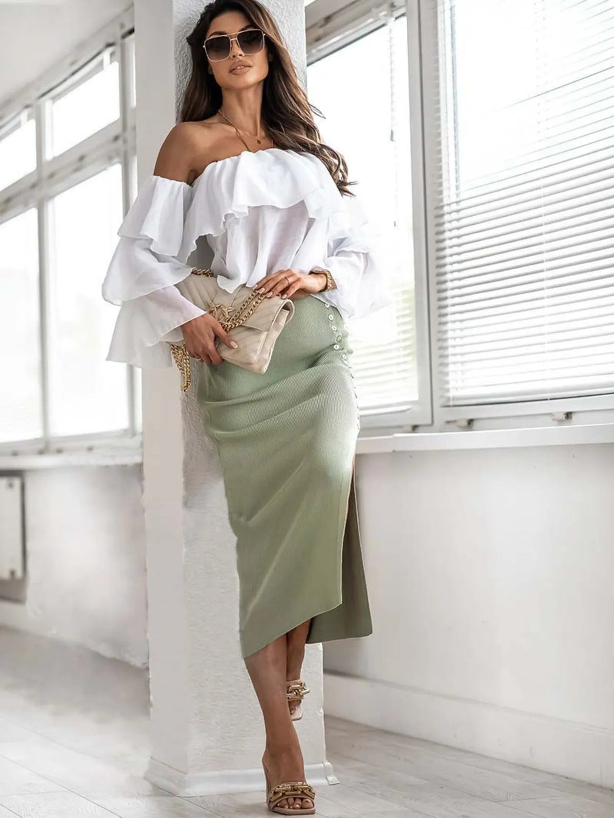 Midi Skirt Buttoned Slit Elastic Waist Trendy Party