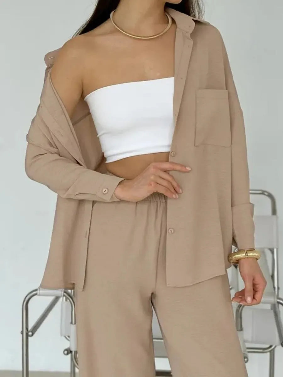 Solid Color Cardigan With Pockets, Casual Wide-leg Trousers 2-piece Sets