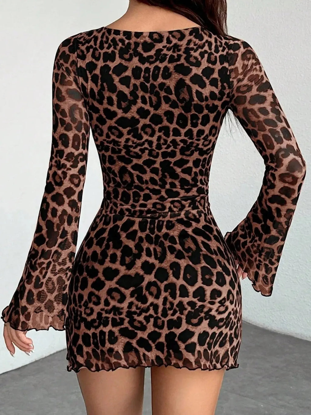 Leopard Print Mesh Slimming And Waist-cinching Long-sleeved Short Dress