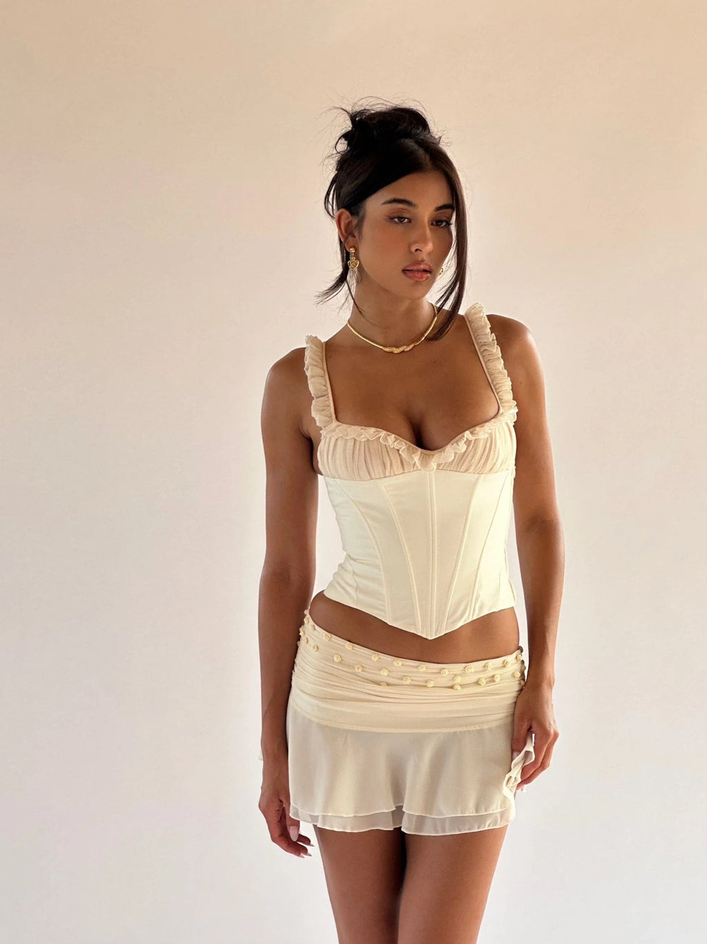 Zaliyah Rose Corset Top & Pleated Mini Skirt Set - Ivory