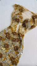Champagne Gold Heavy Beaded Mermaid Gown, Luxurious Sequin D Floral Embellished Evening Dress