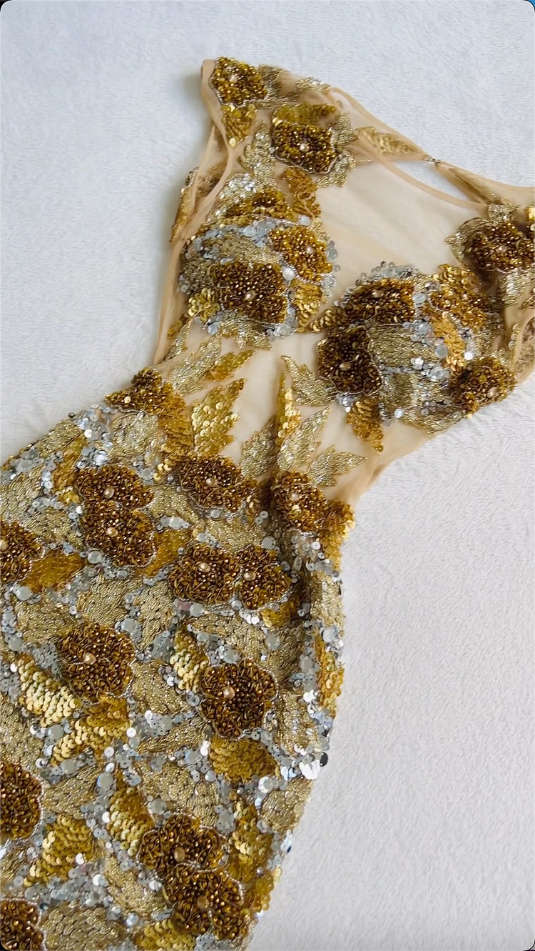 Champagne Gold Heavy Beaded Mermaid Gown, Luxurious Sequin D Floral Embellished Evening Dress