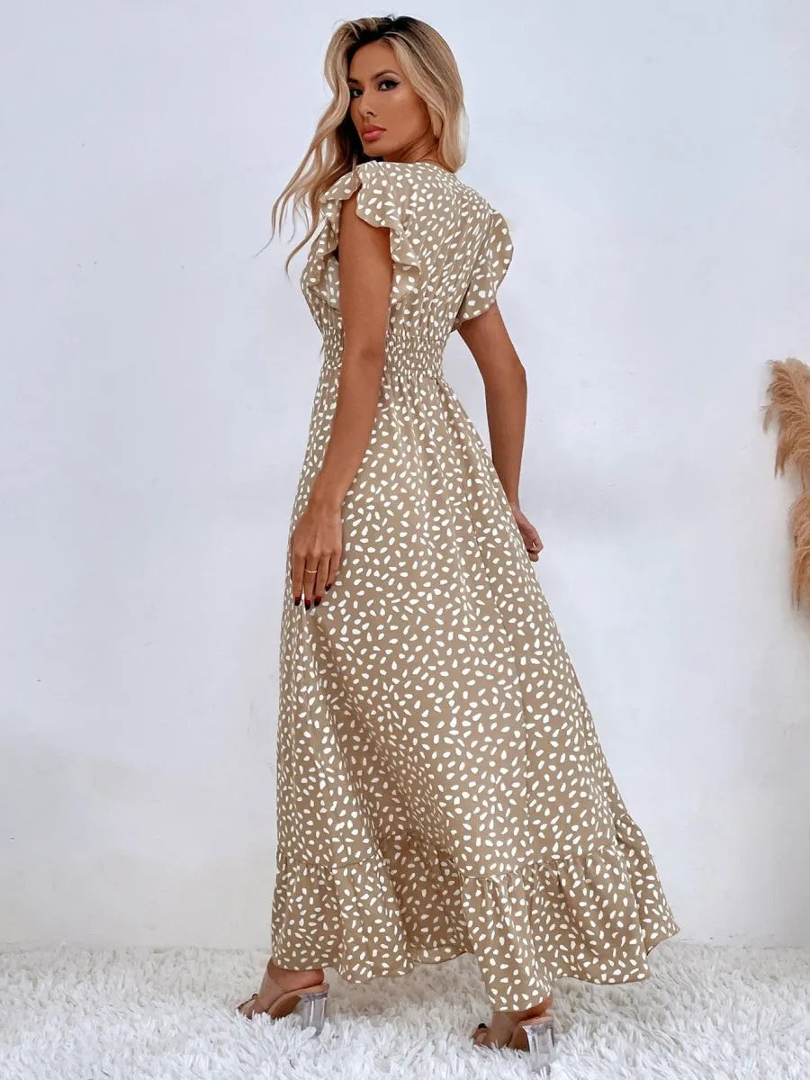 Floral Lotus Leaf Sleeves V-neck Vacation And Leisure Maxi Dresses
