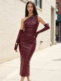 PU Leather Off-shoulder Wrap Pleats Are Sexy Bodysuit With Slits Midi Dresses