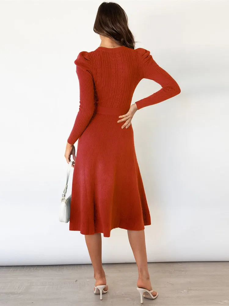 Stylish Knitted Midi Dress For Women With Tie Belt And Cable Pattern
