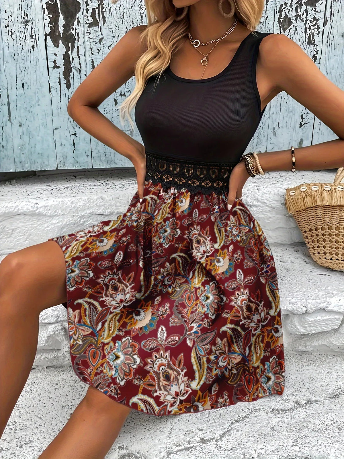 Printed A-Line Tank Dress with Lace Waist