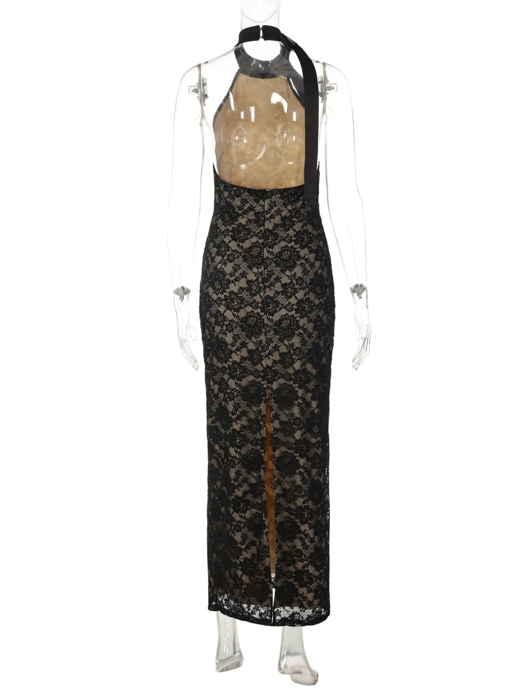 Lace Patchwork Halter Neck And Backless Sleeveless Bodycon Maxi Dresses