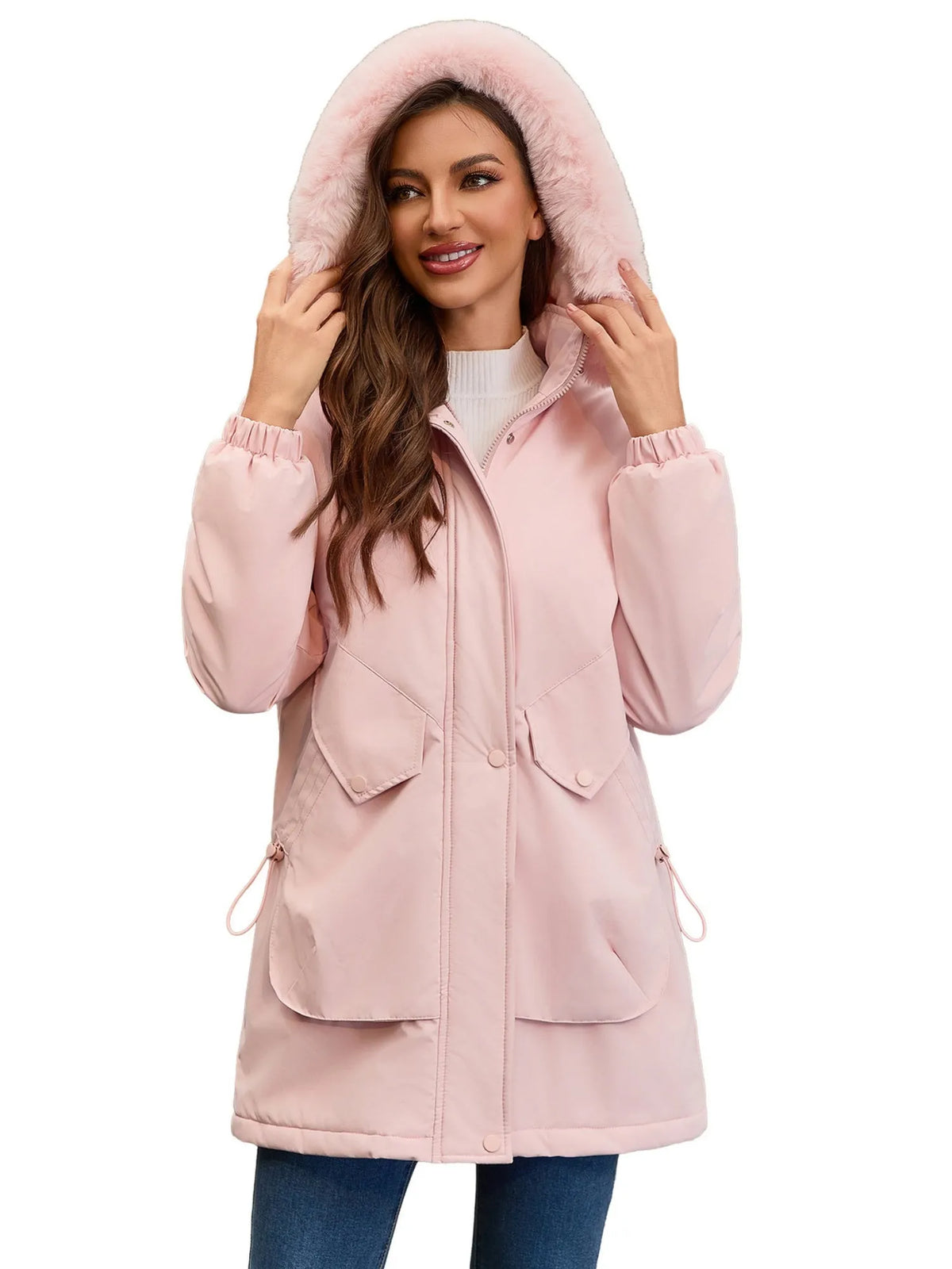 With Fur Collar Hooded For Warmth Drawstring Pocket Down Jacket