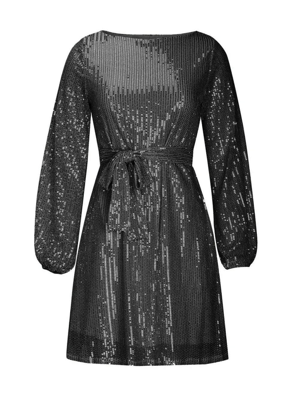 Shift Mini Dress Sequin Tie Waist Elegant Party Cocktail