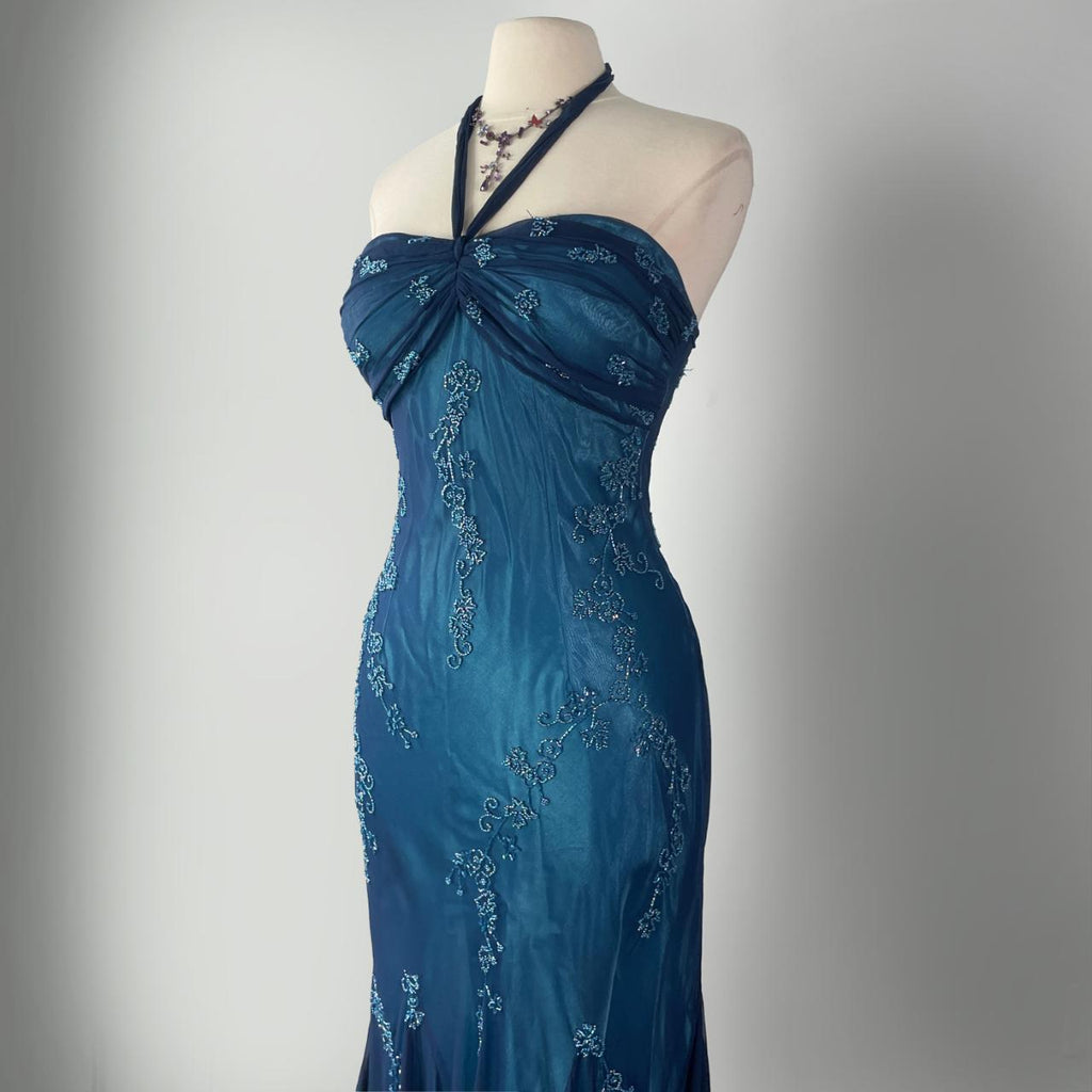 Dark Blue Fairy Mermaid Beaded Long Chiffon Formal Prom Evening Dress Wedding Guest Party Gown Dress Greek Halter Neck