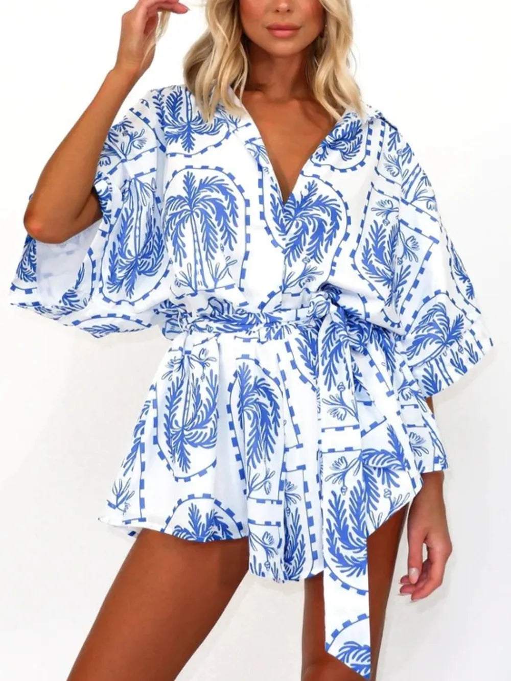 Printed Romper – Tie Waist with Half Sleeves