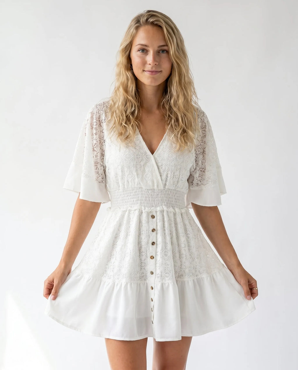Women's Romantic Lace Mini Dress with Buttons and Ruffles