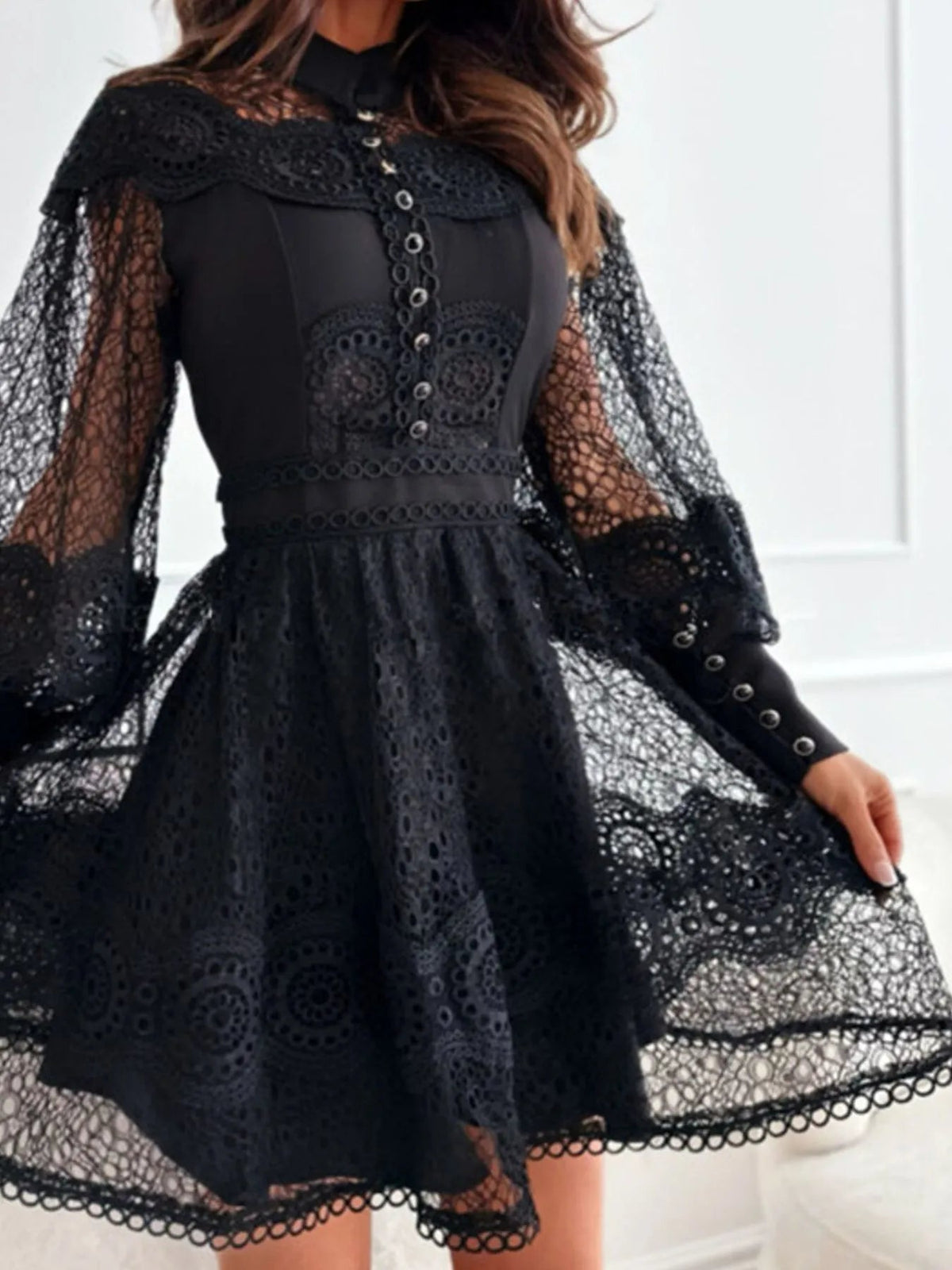 Lace Mini Dress with Lantern Sleeves