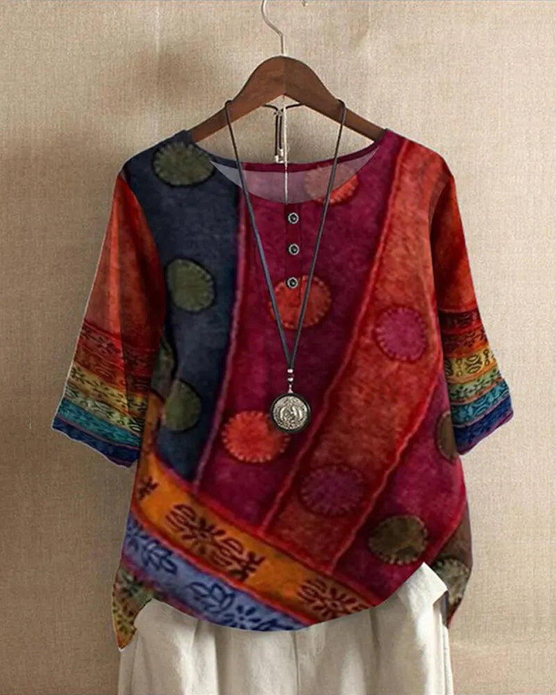 Boho Blouse with Print and Three-Quarter Sleeves