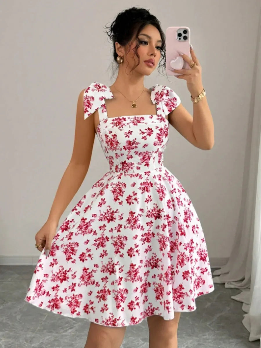 Waist V-neck Bandage Camisoles Printed Vacation And Leisure Mini&Short Dresses