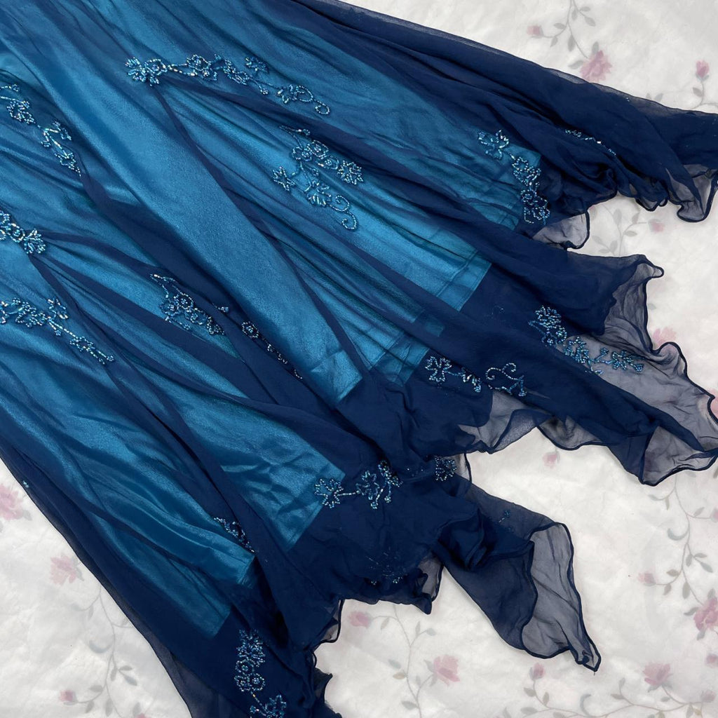 Dark Blue Fairy Mermaid Beaded Long Chiffon Formal Prom Evening Dress Wedding Guest Party Gown Dress Greek Halter Neck