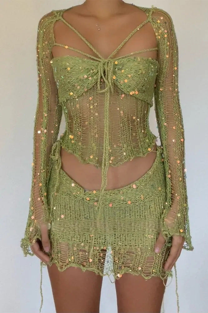 Sequin Knit Cutout Sweater Three Piece Skirt Set