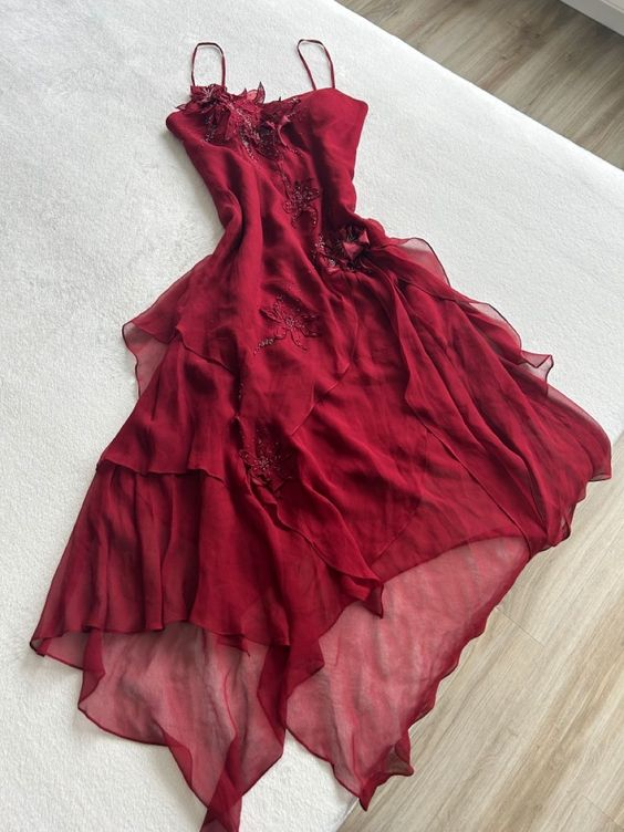Burgundy red applique spaetti straps elegant and charming A-line long ruffled chiffon ball gown evening dress party dress