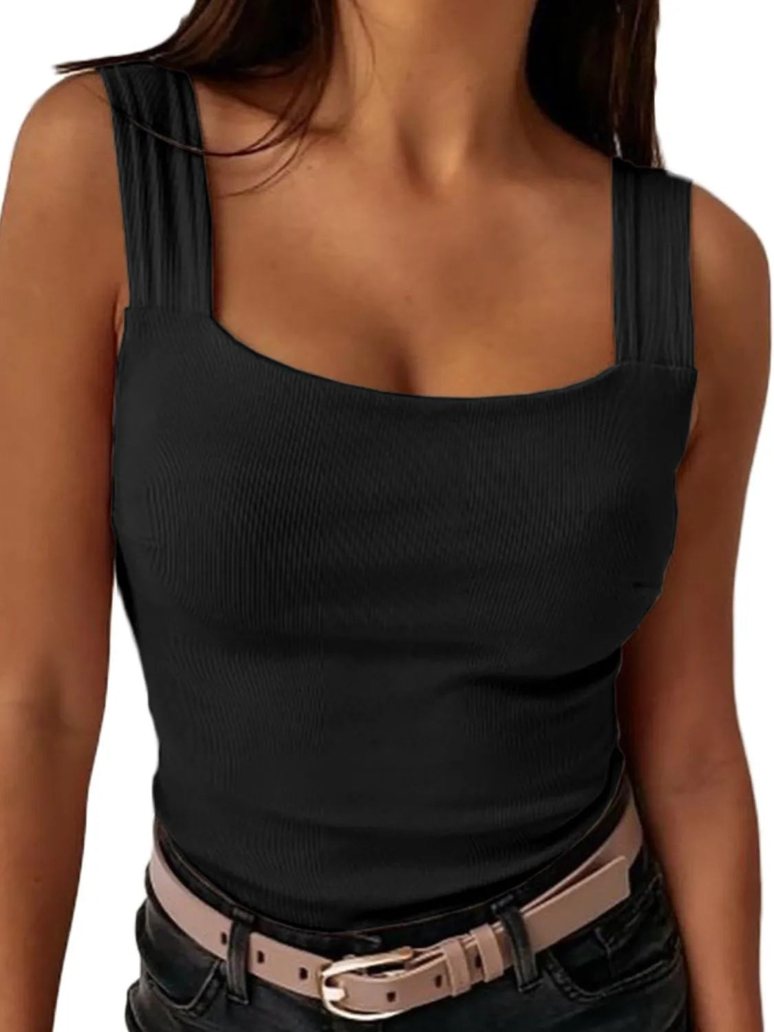 Tank Top Basic Wide Strap Ribbed Knit Slightly Stretchy
