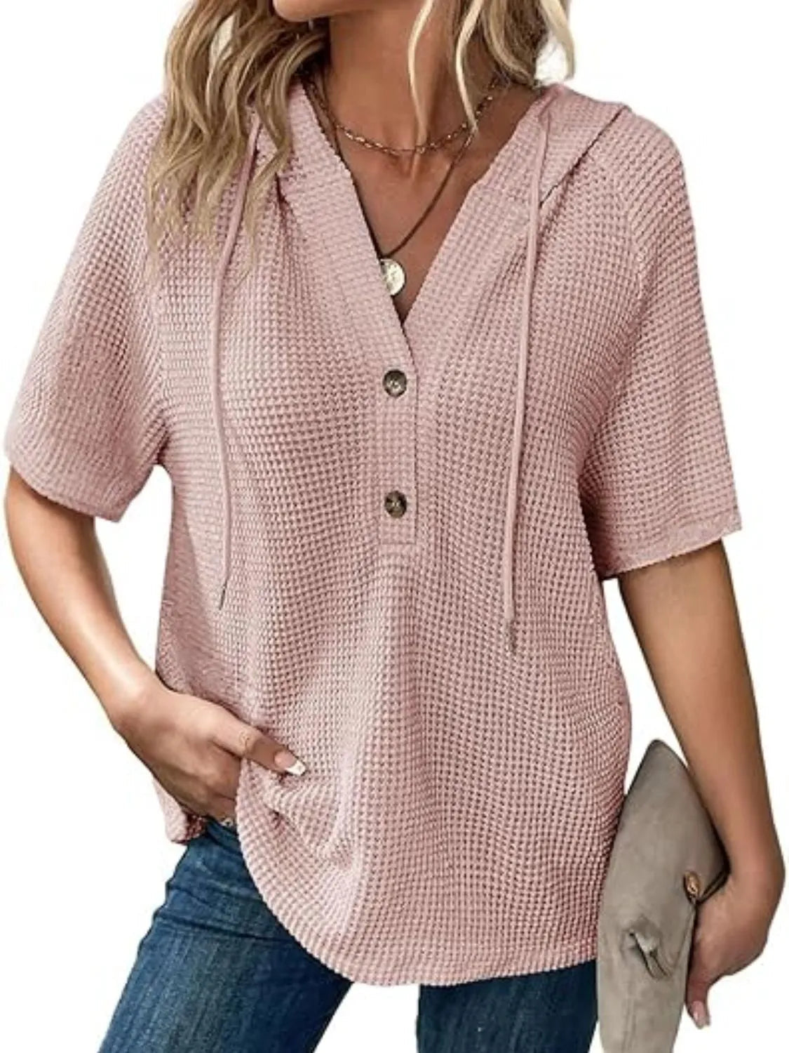 Top Drawstring Hooded Waffle Knit Casual Comfy Chic
