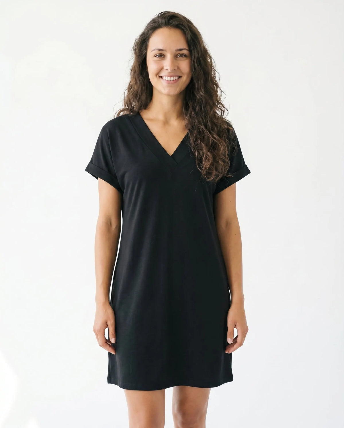Women's Relaxed T-Shirt Dress with V-Neck and Rolled-Up Sleeves