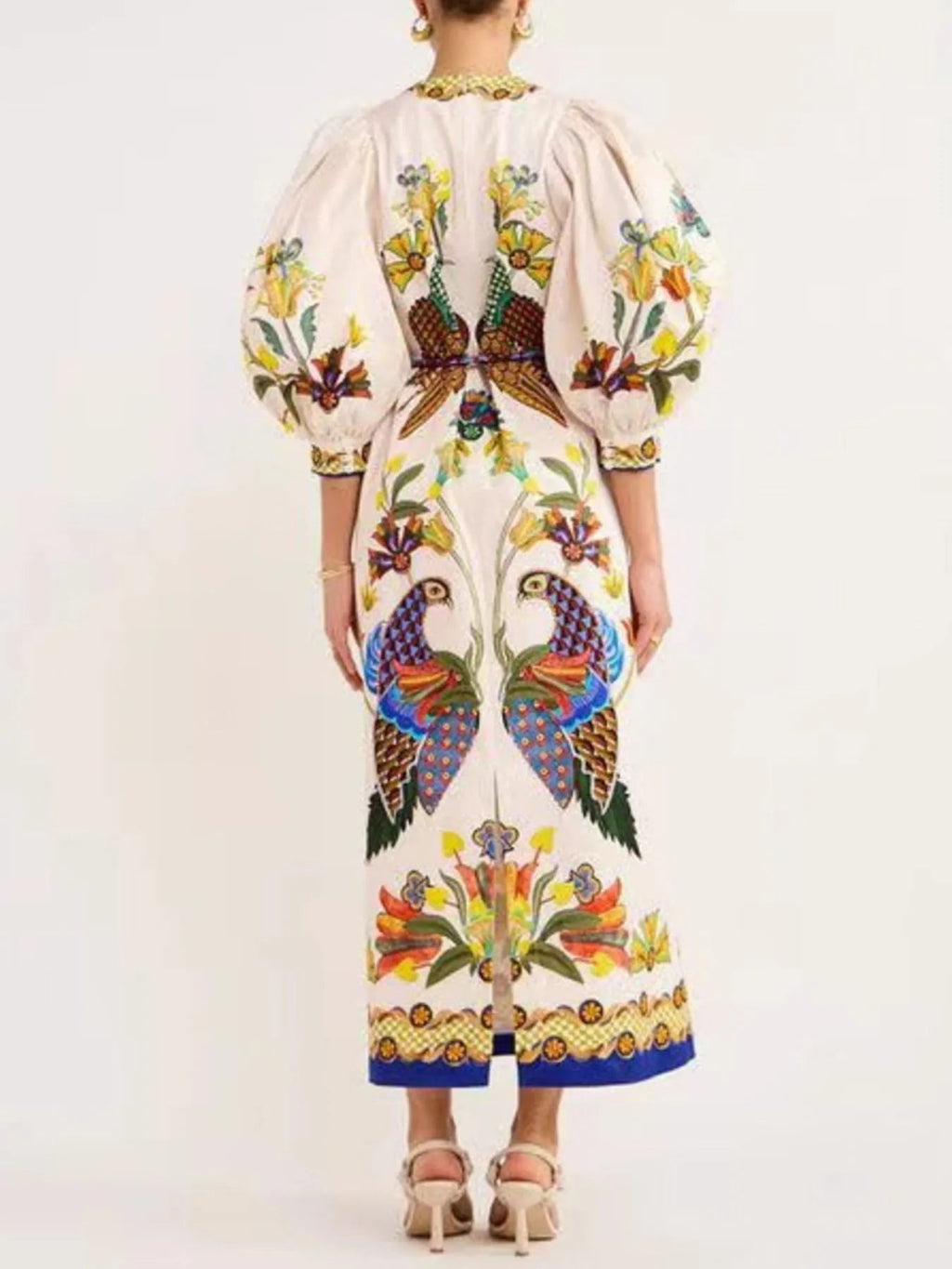 Printed Puff Sleeve Dress with Round Neck