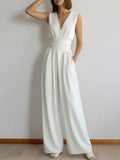 V-neck Waist Wide-leg Pants Sleeveless Temperament Grace Commuting Jumpsuits