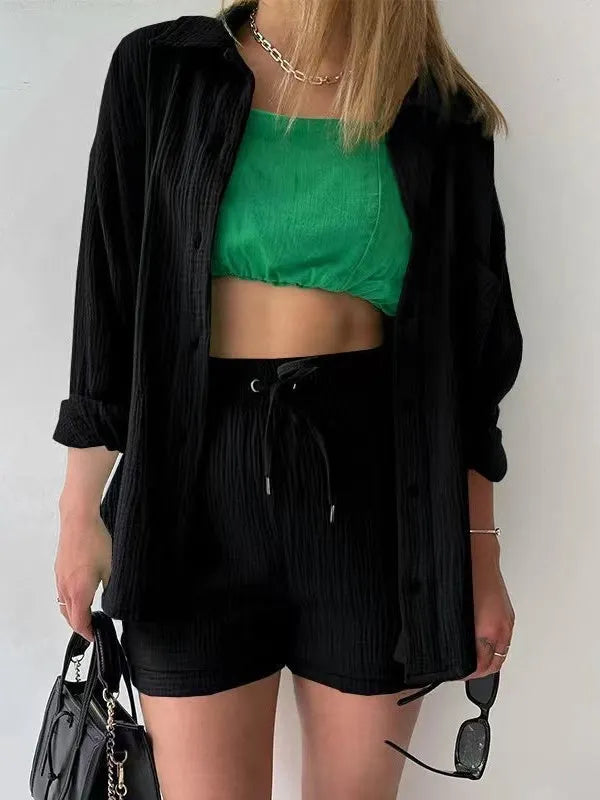 Long-sleeved Shirt And High-waisted Drawstring Shorts Casual Two-piece Set