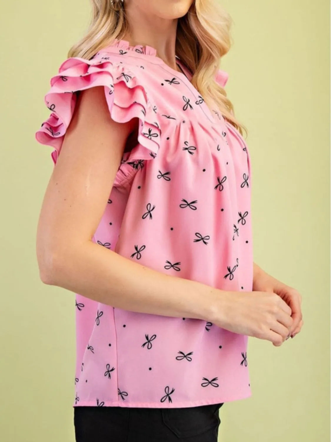 Blouse Ruffled Cap Sleeve Flowy Tunic Bow Print Notched