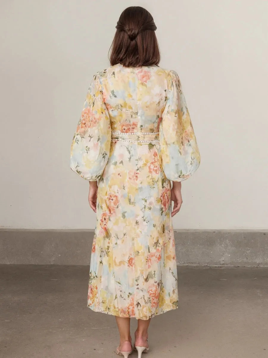 Floral Print Long-Sleeved Bodycon Slim Fit Long Dress