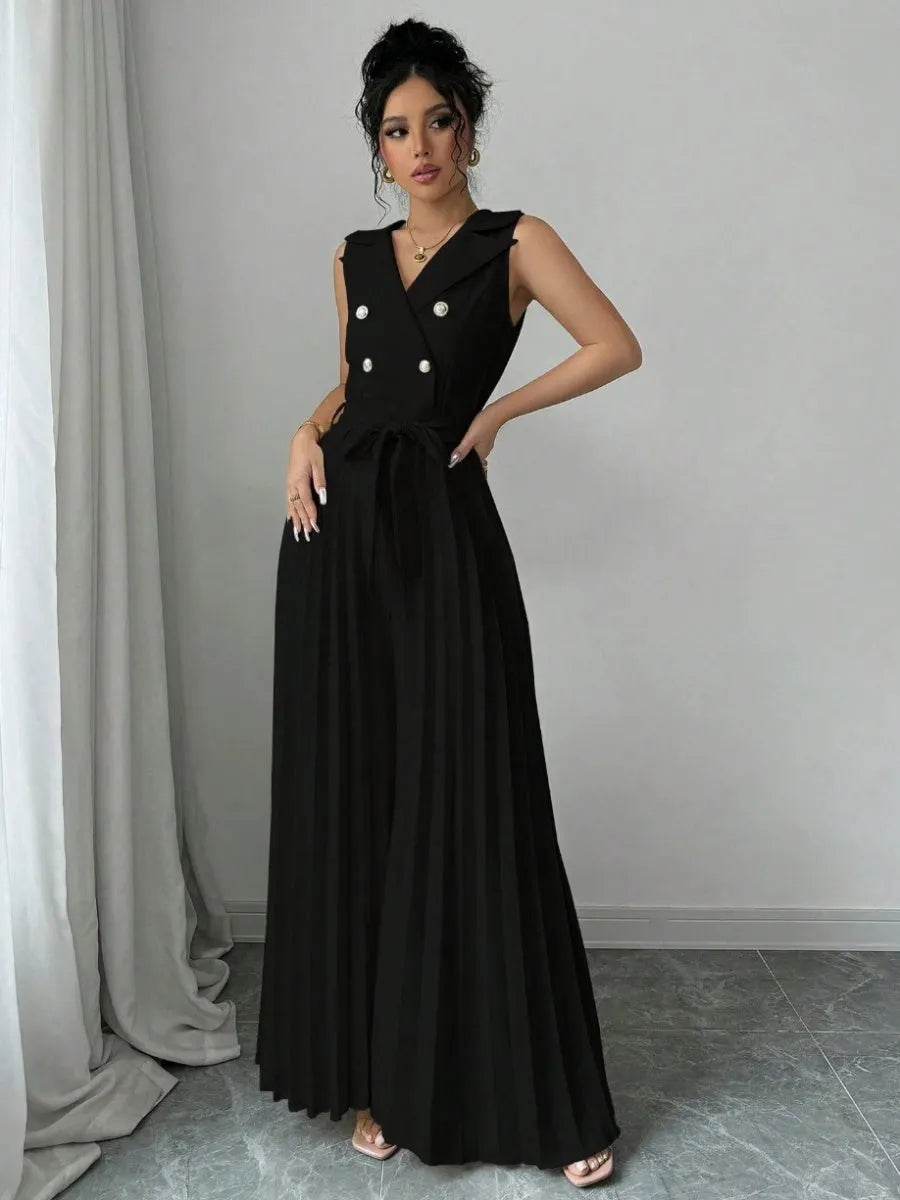 Commuting Suit Collar Pleated Pants Double-breasted Jumpsuits