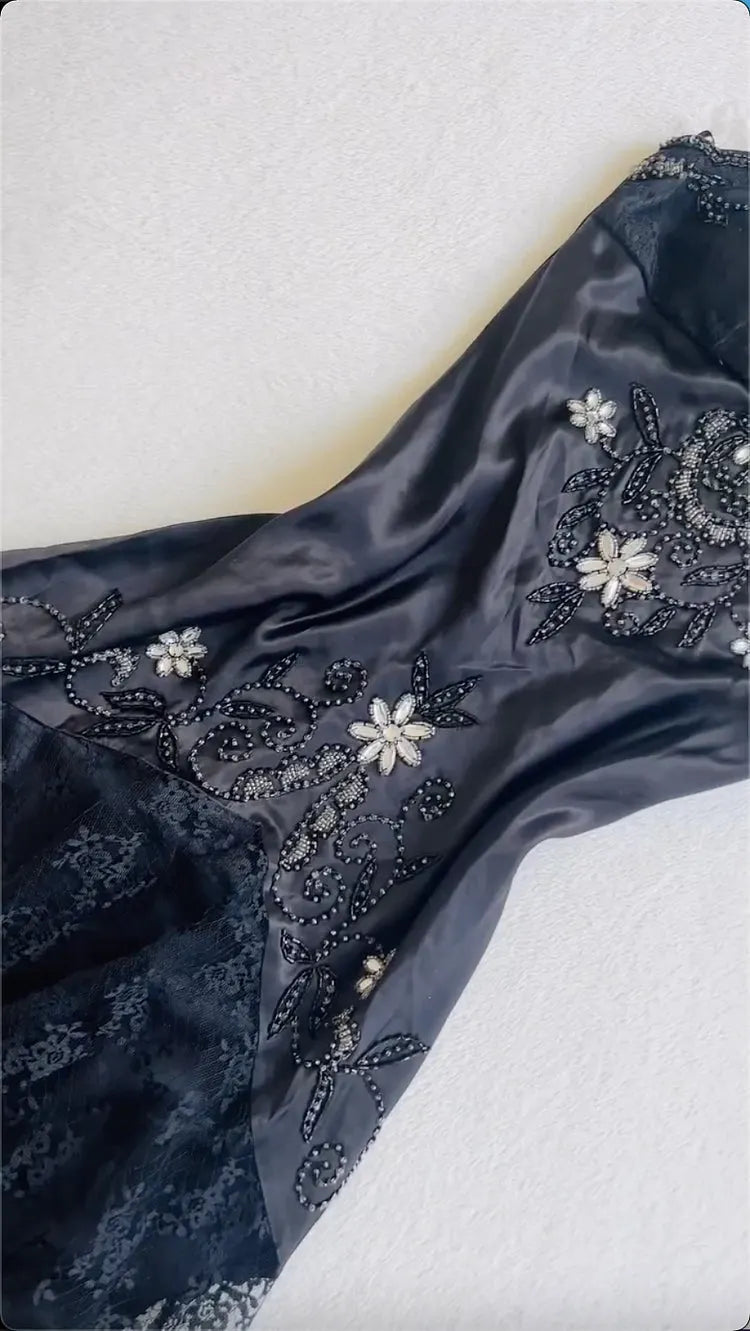 Black fashion vintage elegant exquisite floral beading spaetti straps Long/Short satin lace princess ball gown evening dress party dress prom dress homecoming dress