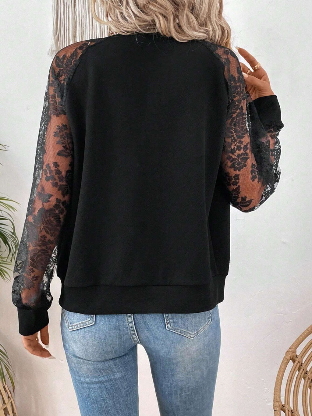 Jacket Baseball Collar Lace Detail Zip Up Casual Trendy