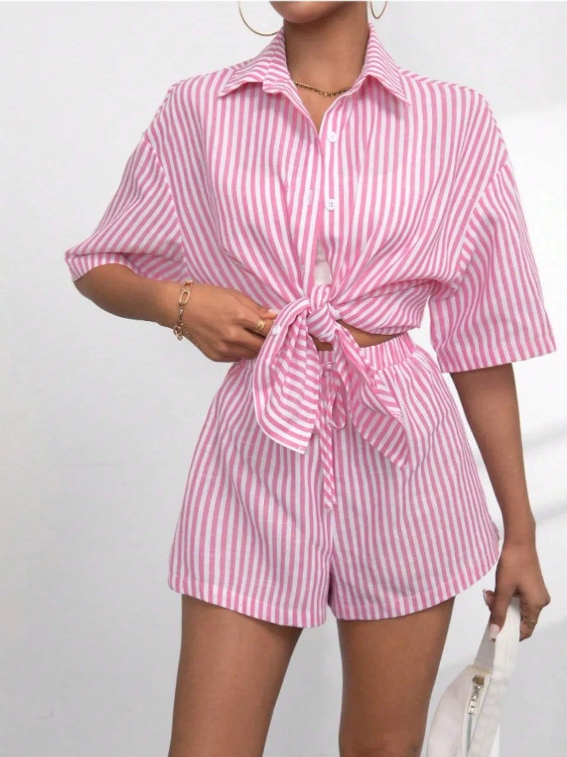 Two-Piece Outfit Set Striped Button Up Shirt & Casual Shorts