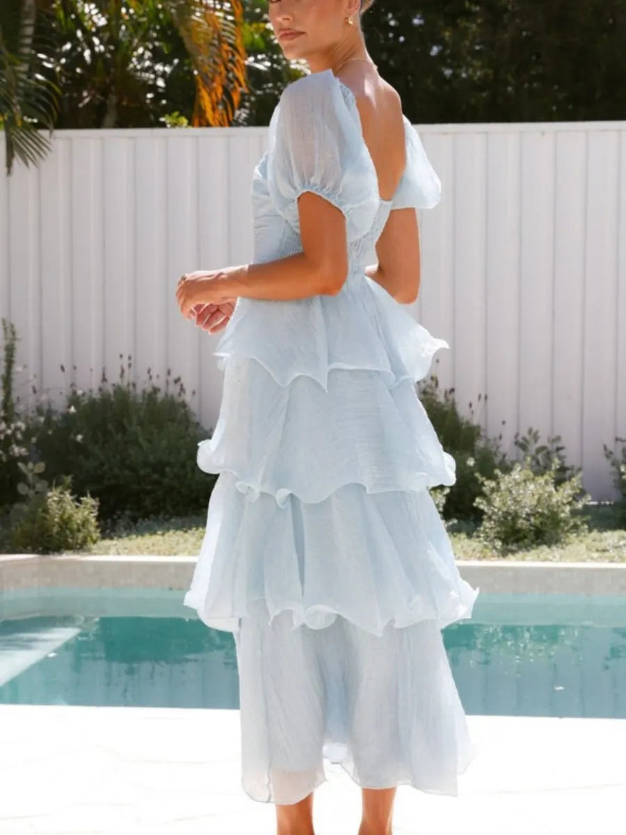 Square Collar Puff Sleeve Cake Skirt Vacation Parties Maxi Dresses
