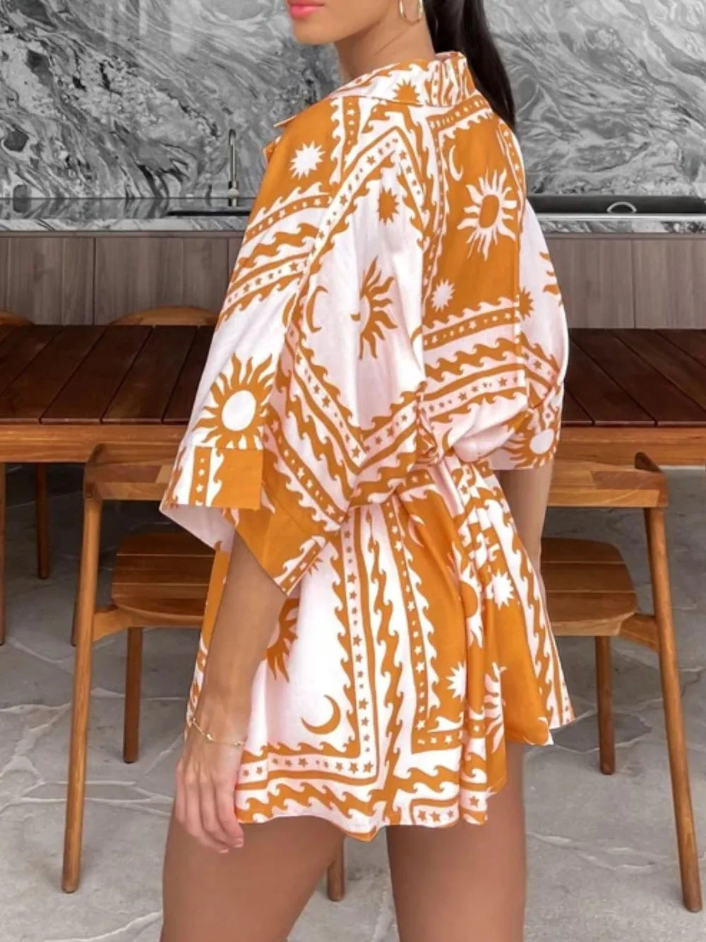 Printed Romper – Tie Waist with Half Sleeves