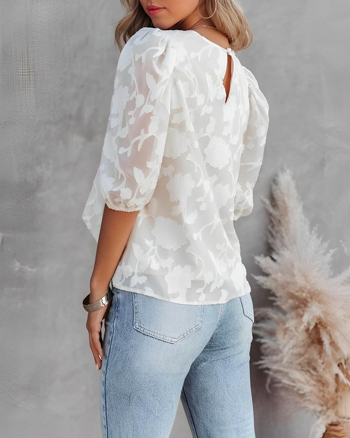 Chiffon Women's Blouse with Floral Pattern and Puff Sleeves